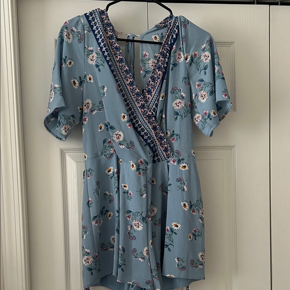 Floral Blue Wrap Romper Dress